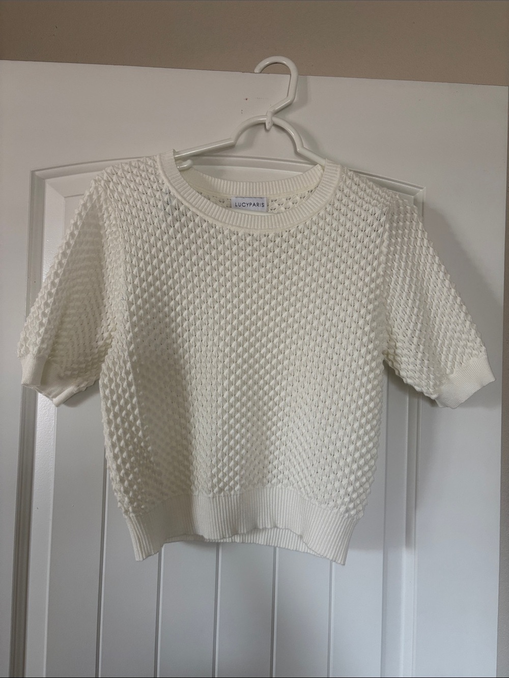 Lucy Paris Cream Open-Knit Short Sleeve Sweater
